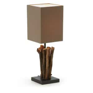 LAFORMA Seratna bordlampe - tropisk genbrugstræ og brun stofskærm (15x15)