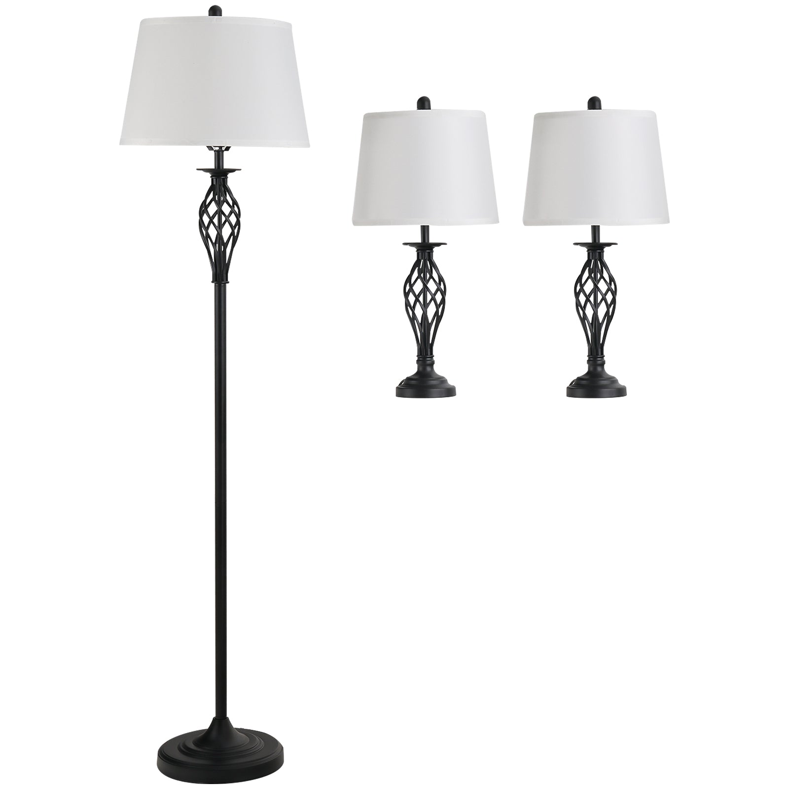 3-delt lampesæt: 2 bordlamper (ø38 x 158H cm) + 1 gulvlampe (ø30 x 62H cm), vintage gulvlampe med fodkontakt, læselampe til stue, soveværelse, metal, sort og hvid